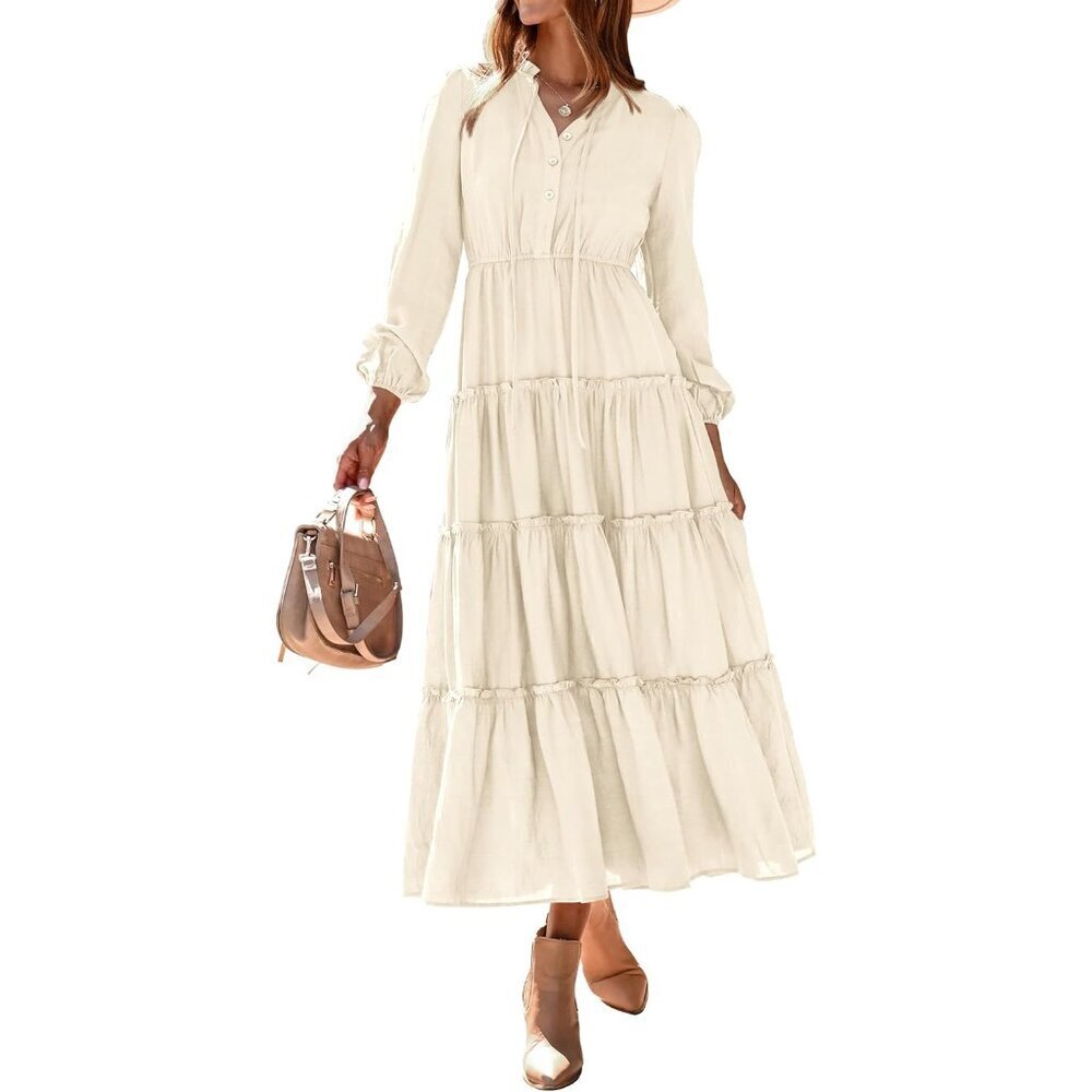 Long Sleeve Maxi Dress V-Neck Tiered Boho Elegant Fall Wedding Guest